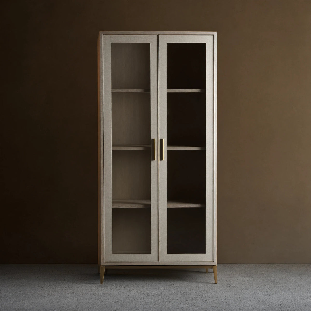 Malone Textured Leather Tall Display Cabinet Wood Storage Cabinet with Glass Doors