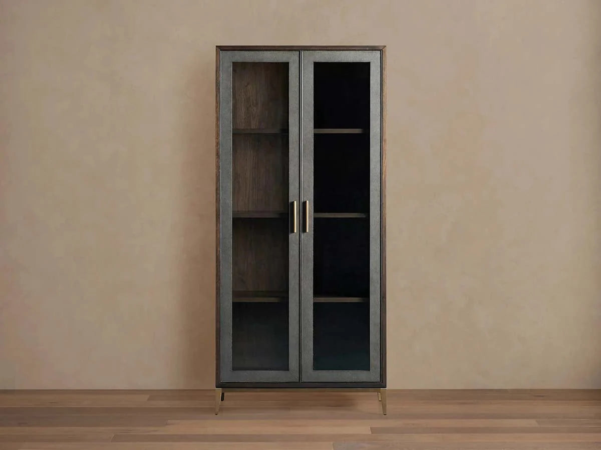 Malone Textured Leather Tall Display Cabinet Wood Storage Cabinet with Glass Doors