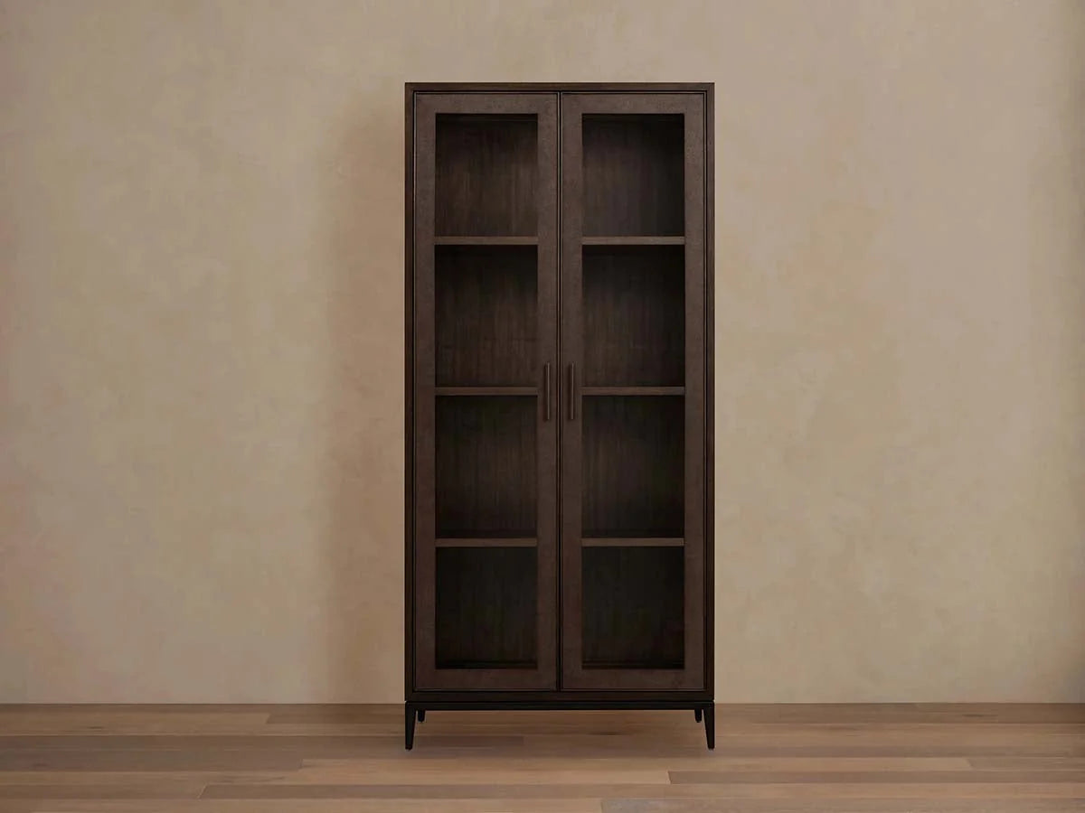 Malone Textured Leather Tall Display Cabinet Wood Storage Cabinet with Glass Doors
