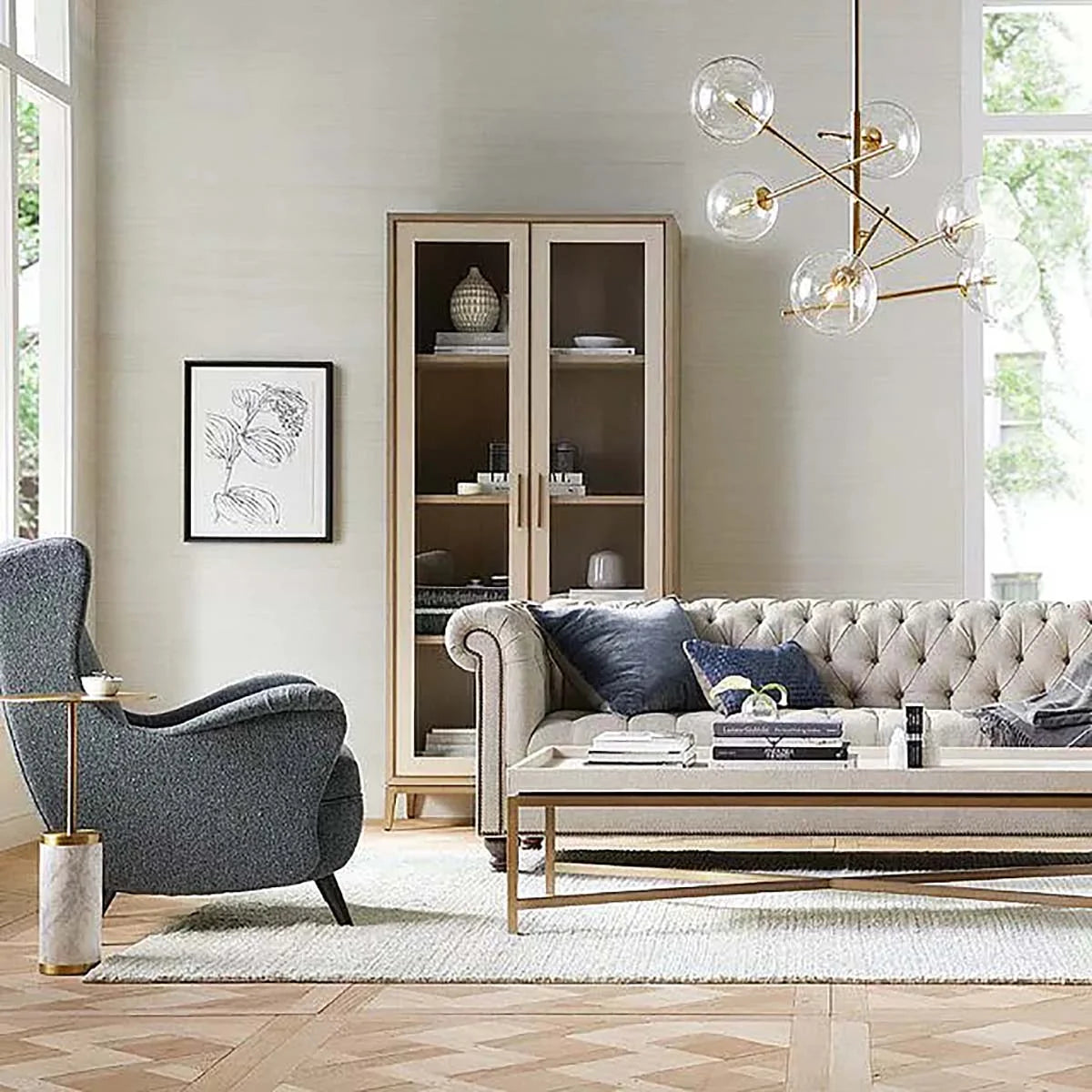 Malone Textured Leather Tall Display Cabinet Wood Storage Cabinet with Glass Doors