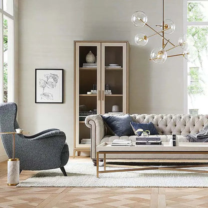 Malone Textured Leather Tall Display Cabinet Wood Storage Cabinet with Glass Doors