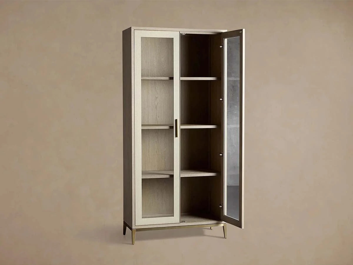 Malone Textured Leather Tall Display Cabinet Wood Storage Cabinet with Glass Doors