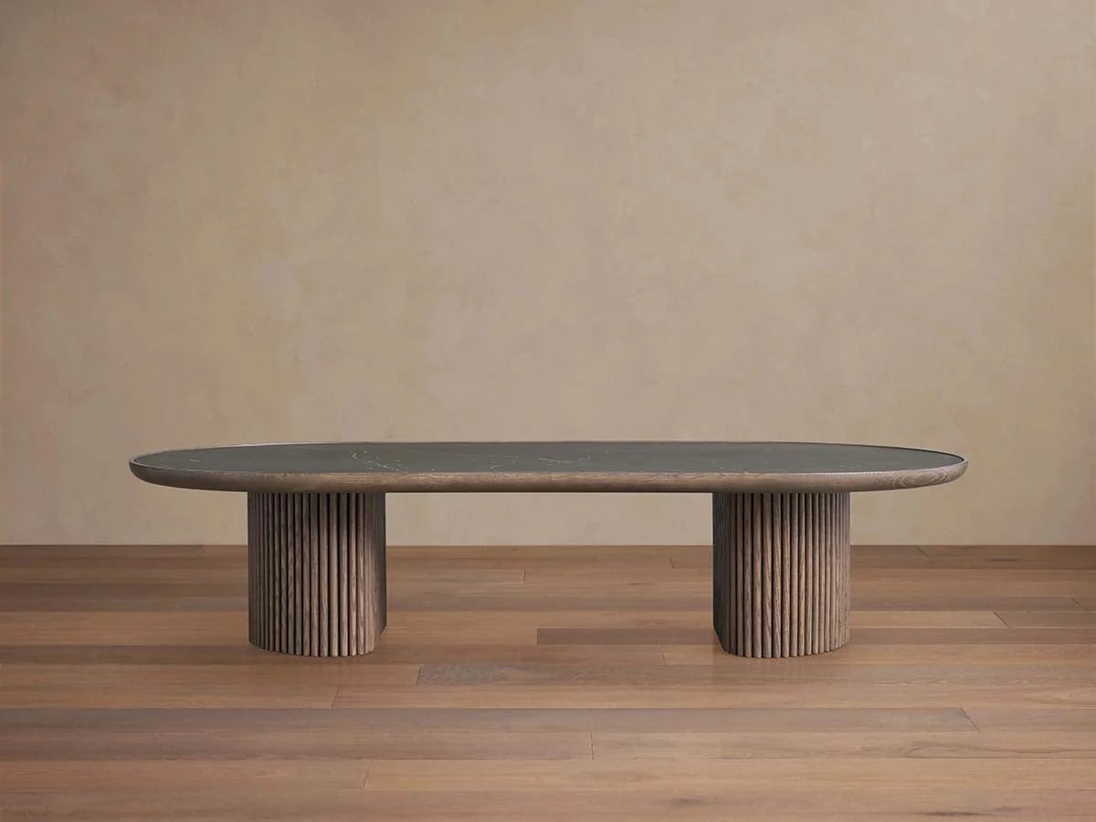 Astor Marble Top Coffee Table Oval Cocktail Table Wood Base Sofa Center Tea Table
