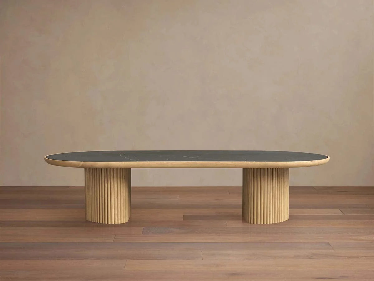 Astor Marble Top Coffee Table Oval Cocktail Table Wood Base Sofa Center Tea Table