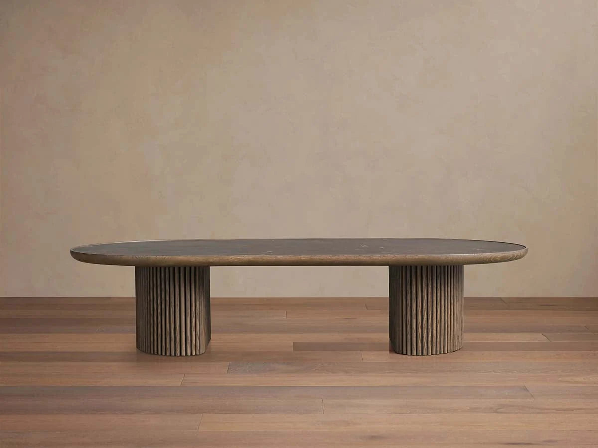 Astor Marble Top Coffee Table Oval Cocktail Table Wood Base Sofa Center Tea Table
