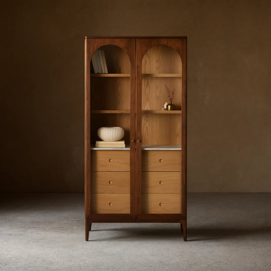 Linley Oak Wood Tall Display Cabinet Glass Door Bookcase with Drawers