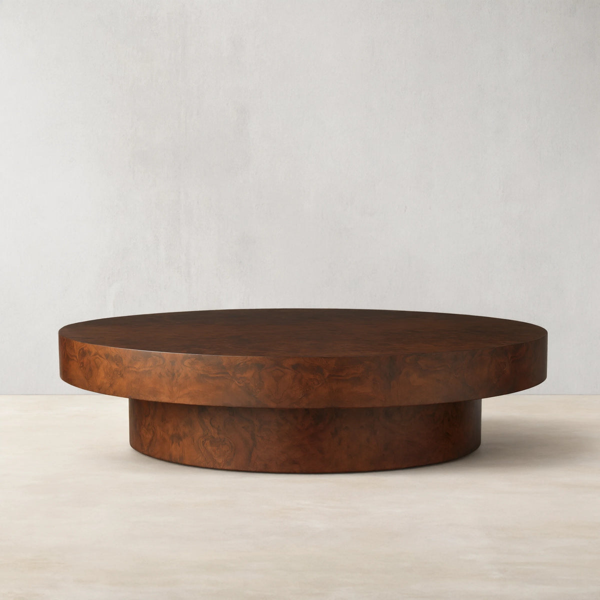 Cinzia Burl Round Coffee Table Walnut Wood Cocktail Table Plinth Base Sofa Center Tea Table