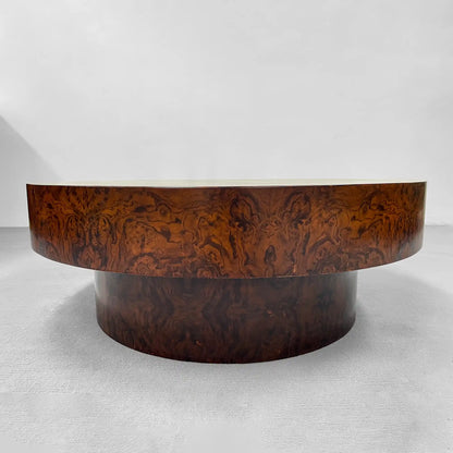 Cinzia Burl Round Coffee Table Walnut Wood Cocktail Table Plinth Base Sofa Center Tea Table