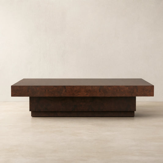 Cinzia Rectangle Burl Coffee Table Plinth-style Base Cocktail Table Wood Sofa Center Tea Table