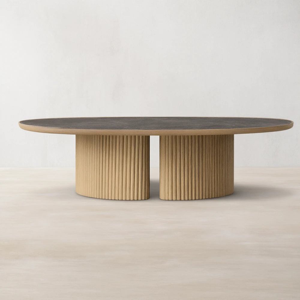 Astor Round Marble Top Coffee Table Wood Cocktail Table Reeded Oak Base Sofa Center Tea Table