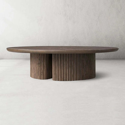 Astor Round Marble Top Coffee Table Wood Cocktail Table Reeded Oak Base Sofa Center Tea Table