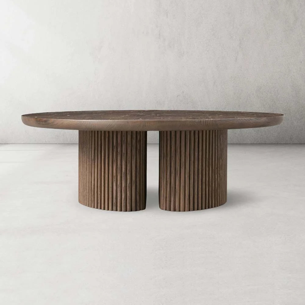 Astor Round Marble Top Coffee Table Wood Cocktail Table Reeded Oak Base Sofa Center Tea Table