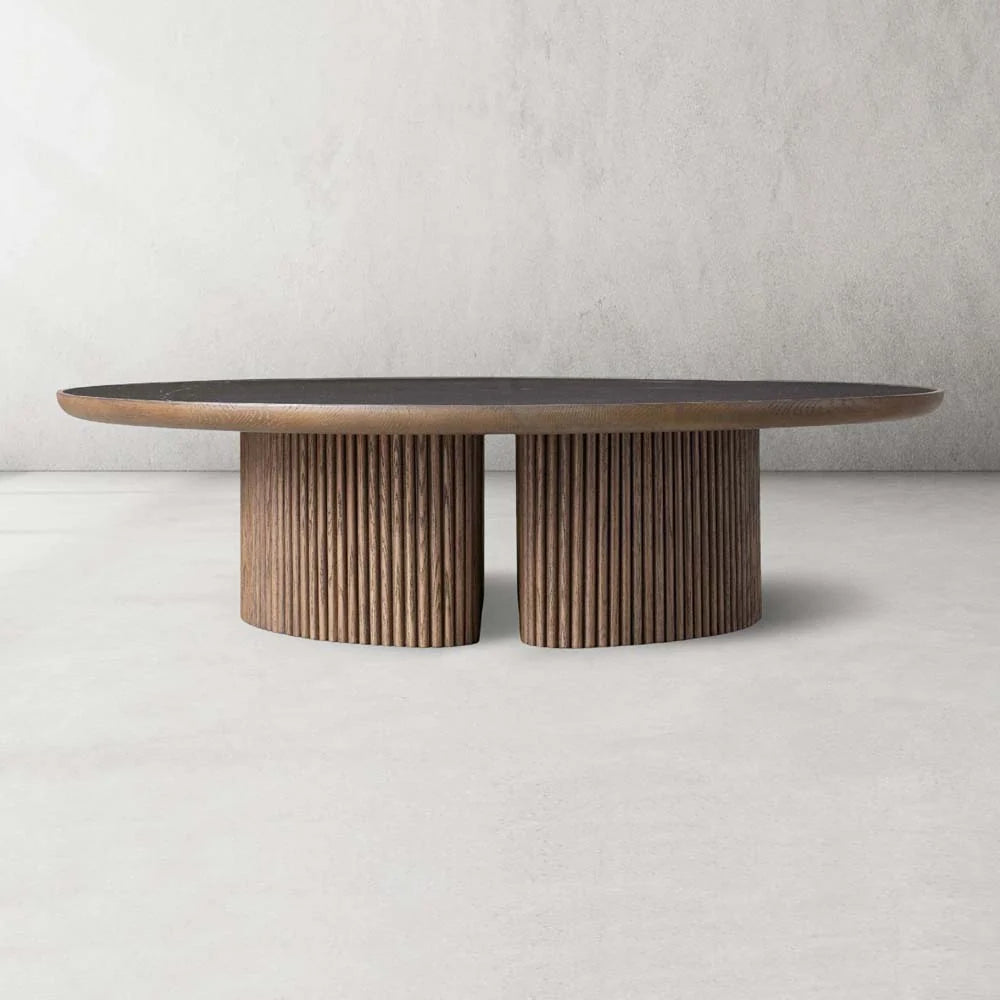 Astor Round Marble Top Coffee Table Wood Cocktail Table Reeded Oak Base Sofa Center Tea Table