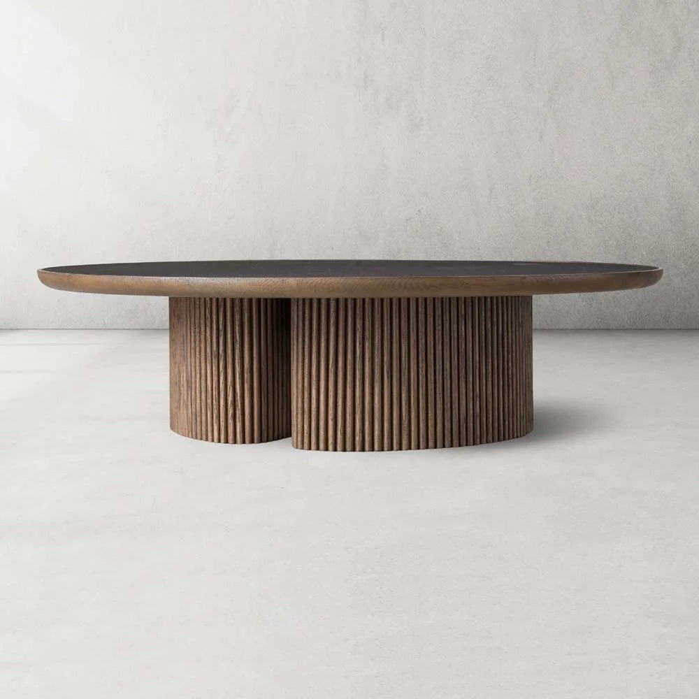 Astor Round Marble Top Coffee Table Wood Cocktail Table Reeded Oak Base Sofa Center Tea Table