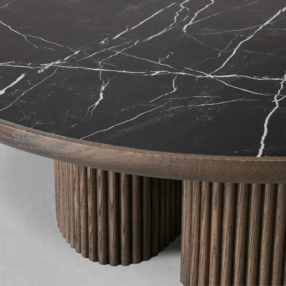 Astor Round Marble Top Coffee Table Wood Cocktail Table Reeded Oak Base Sofa Center Tea Table