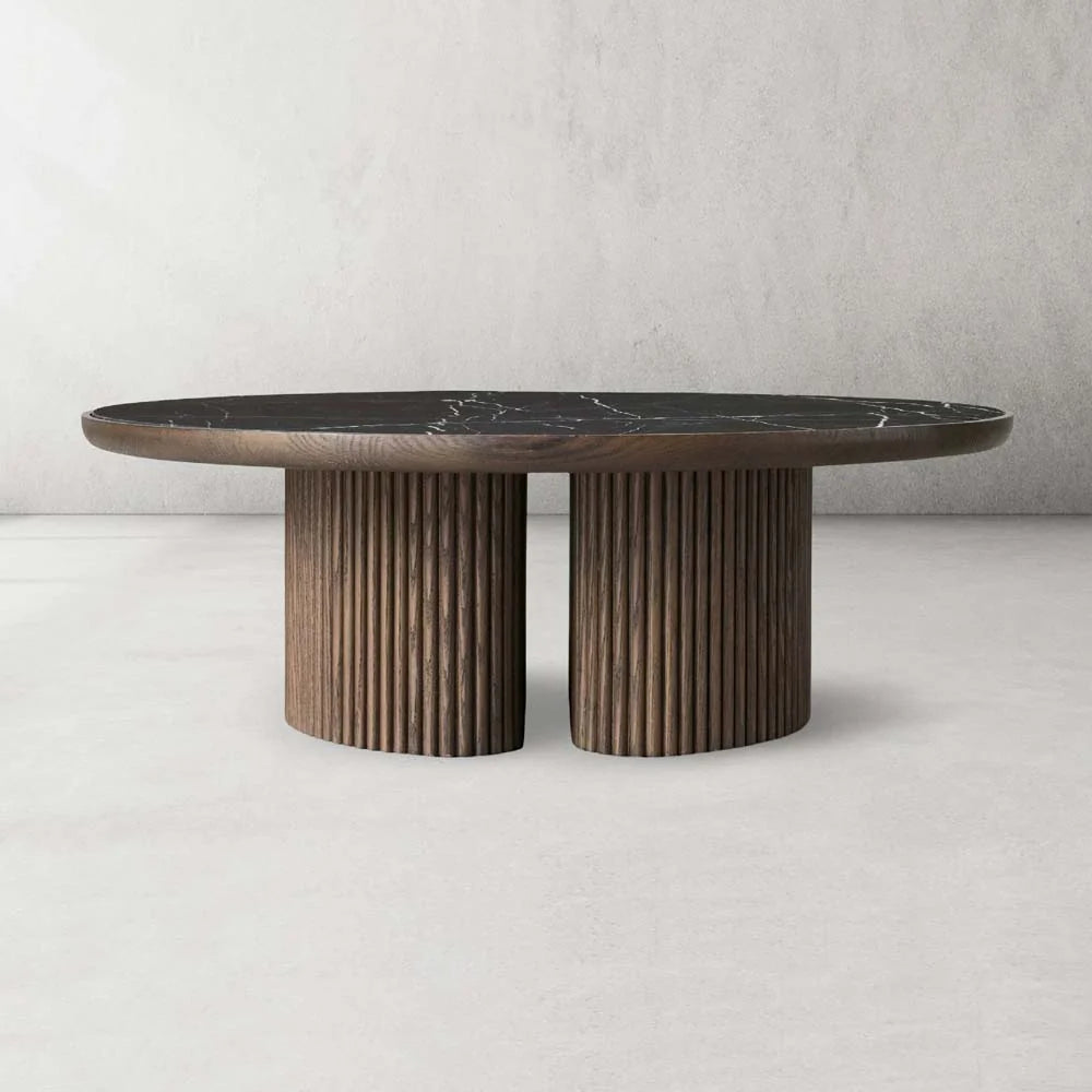 Astor Round Marble Top Coffee Table Wood Cocktail Table Reeded Oak Base Sofa Center Tea Table