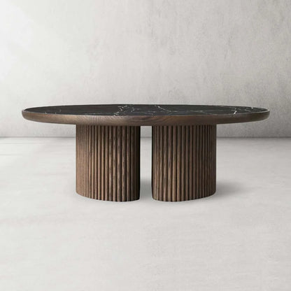 Astor Round Marble Top Coffee Table Wood Cocktail Table Reeded Oak Base Sofa Center Tea Table