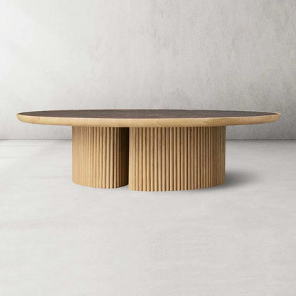 Astor Round Marble Top Coffee Table Wood Cocktail Table Reeded Oak Base Sofa Center Tea Table