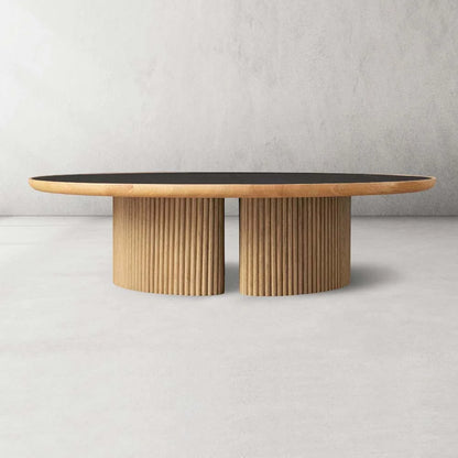 Astor Round Marble Top Coffee Table Wood Cocktail Table Reeded Oak Base Sofa Center Tea Table