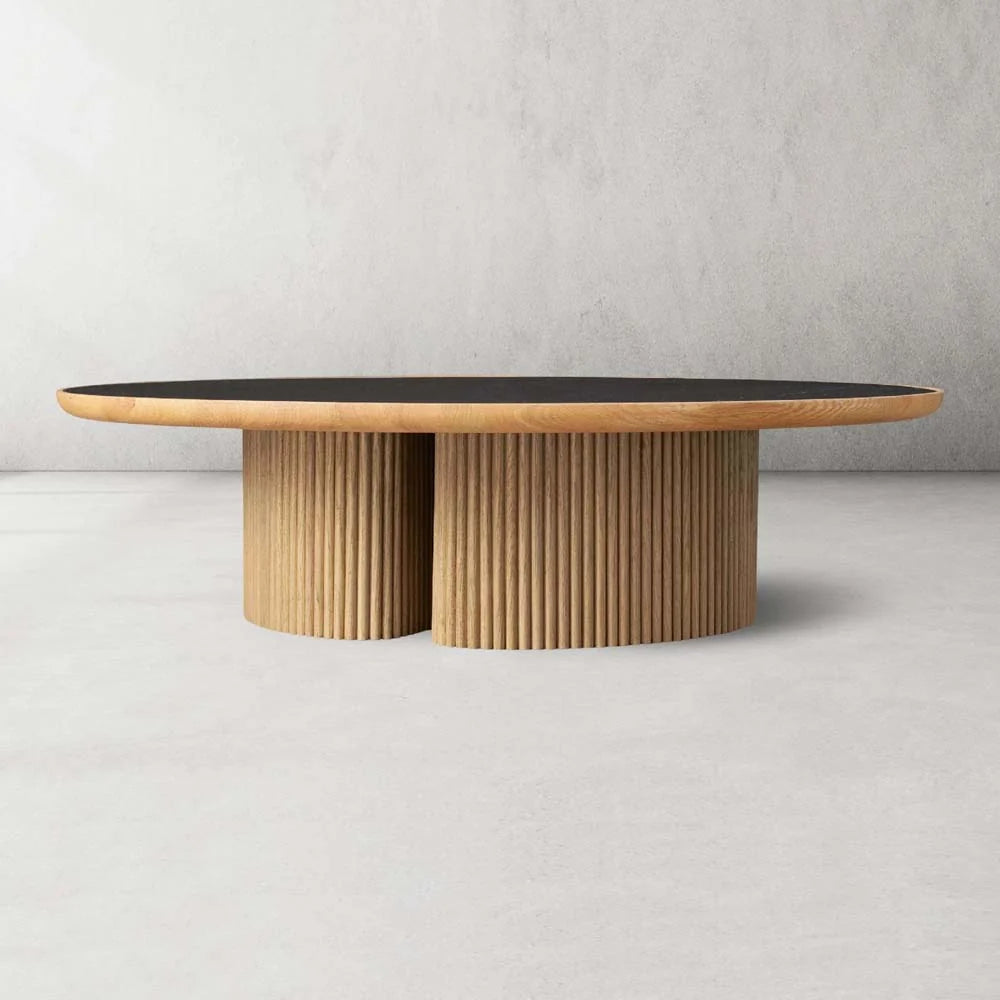 Astor Round Marble Top Coffee Table Wood Cocktail Table Reeded Oak Base Sofa Center Tea Table