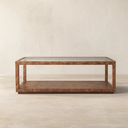 Corey Mappa Burl Wood Coffee Table Glass Tabletop Cocktail Table Rectangle Sofa Center Tea Table