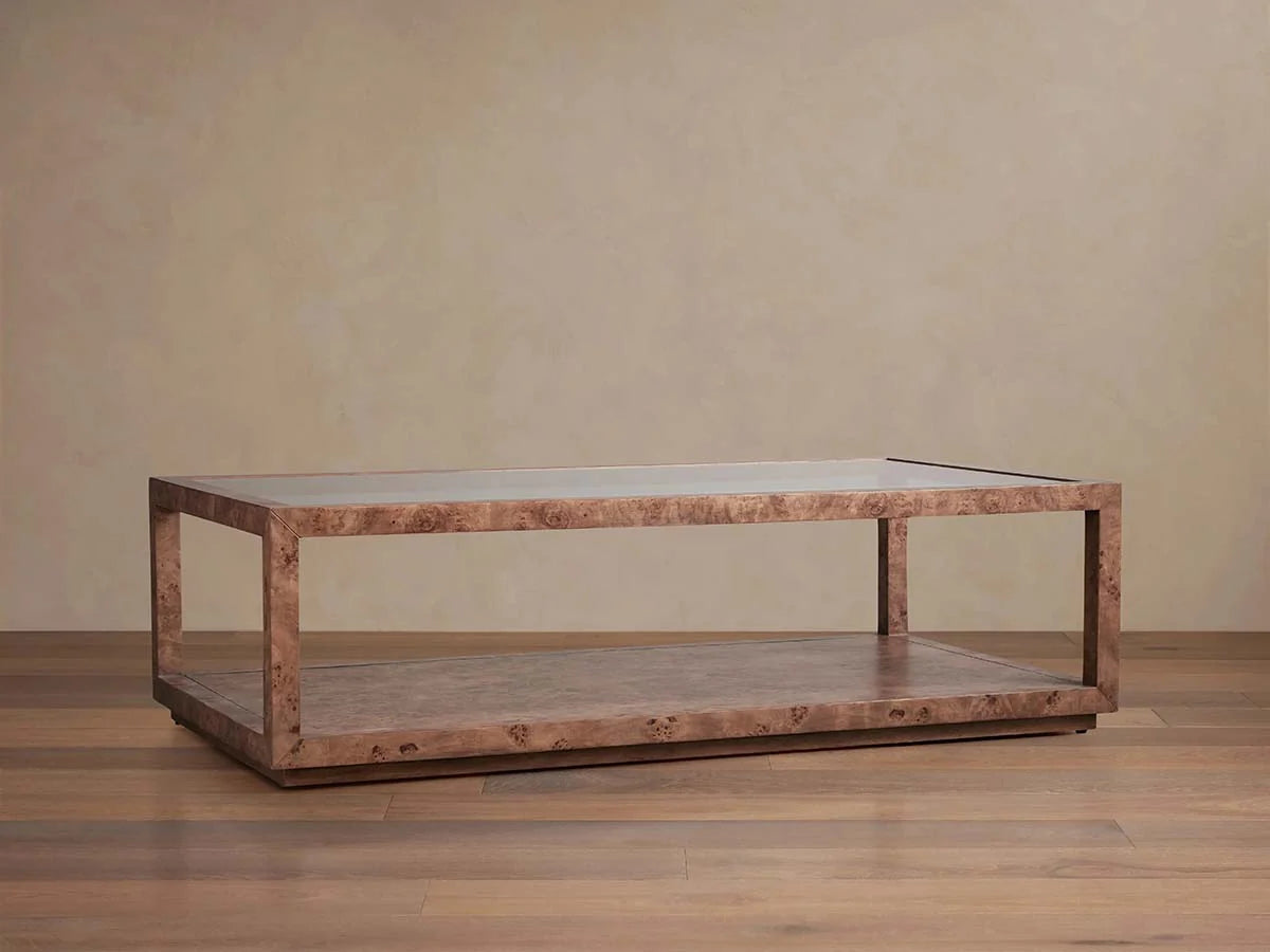Corey Mappa Burl Wood Coffee Table Glass Tabletop Cocktail Table Rectangle Sofa Center Tea Table