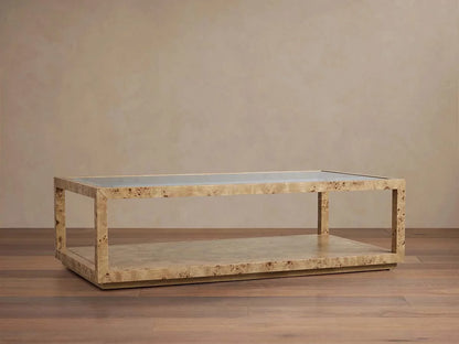 Corey Mappa Burl Wood Coffee Table Glass Tabletop Cocktail Table Rectangle Sofa Center Tea Table