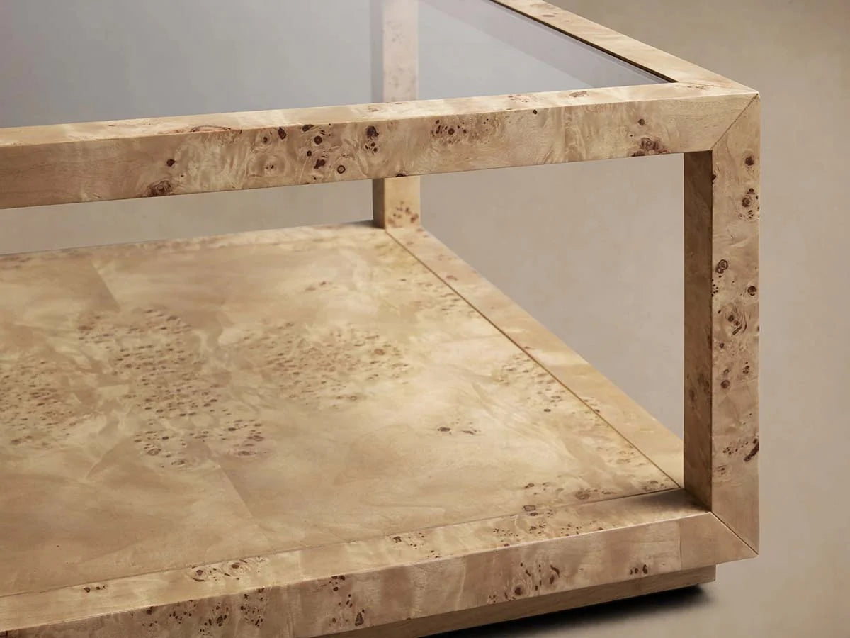 Corey Mappa Burl Wood Coffee Table Glass Tabletop Cocktail Table Rectangle Sofa Center Tea Table