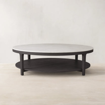 Danny Round Marble Top Coffee Table Oak Wood Base Cocktail Table Living Room Center Tea Table