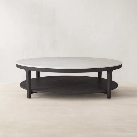 Danny Round Marble Top Coffee Table Oak Wood Base Cocktail Table Living Room Center Tea Table