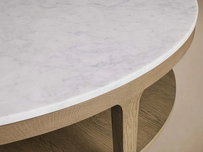 Danny Round Marble Top Coffee Table Oak Wood Base Cocktail Table Living Room Center Tea Table