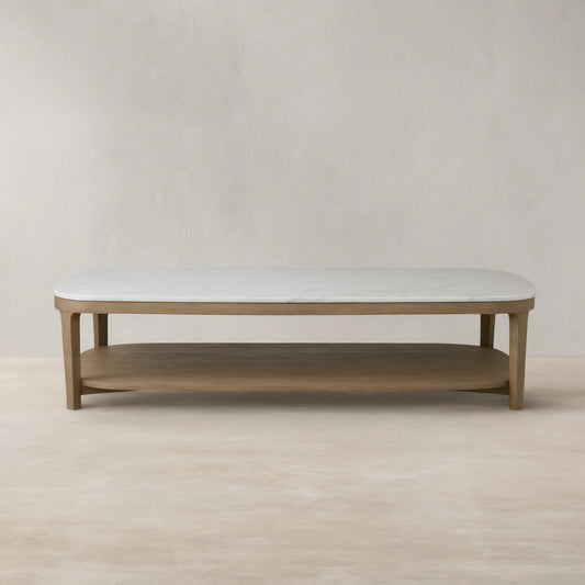 Danny Marble Top Coffee Table Oak Wood Cocktail Table Living Room Rectangle Center Tea Table