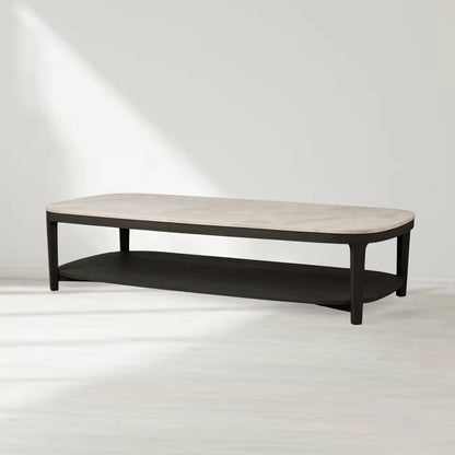 Danny Marble Top Coffee Table Oak Wood Cocktail Table Living Room Rectangle Center Tea Table
