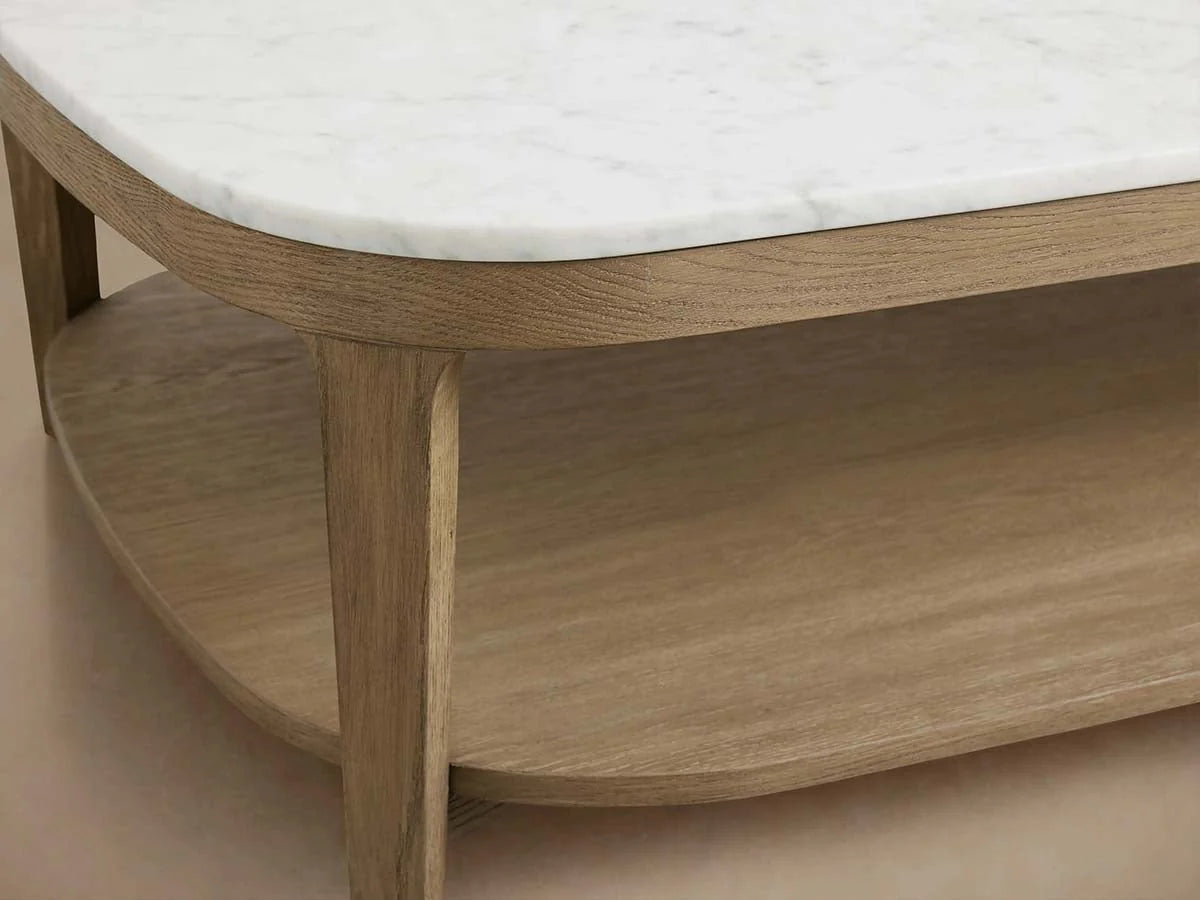 Danny Marble Top Coffee Table Oak Wood Cocktail Table Living Room Rectangle Center Tea Table