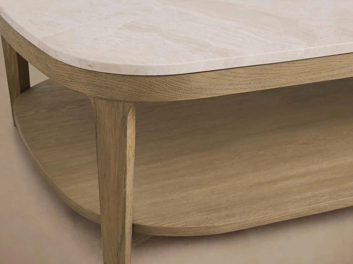 Danny Marble Top Coffee Table Oak Wood Cocktail Table Living Room Rectangle Center Tea Table