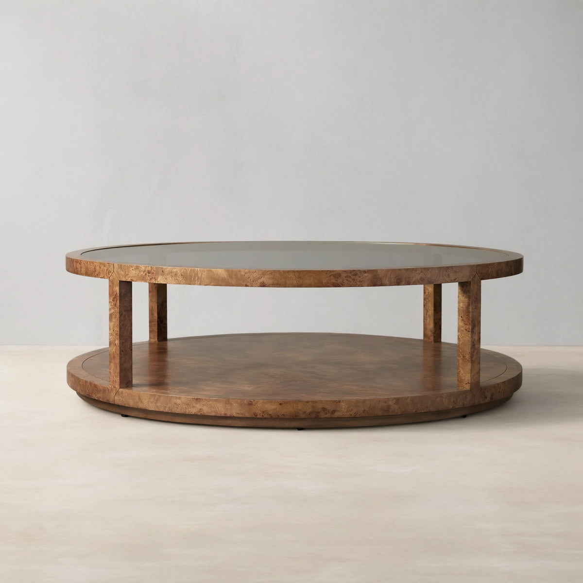 Corey Mappa Burl Round Coffee Table Glass Tabletop Cocktail Table Sofa Center Tea Table