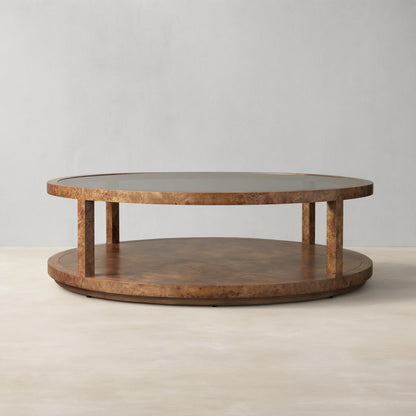 Corey Mappa Burl Round Coffee Table Glass Tabletop Cocktail Table Sofa Center Tea Table