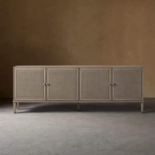 Pearson Mindi TV Stand Woven Cane Cabinet Doors Media Console Wood Sideboard Television Storage Unit