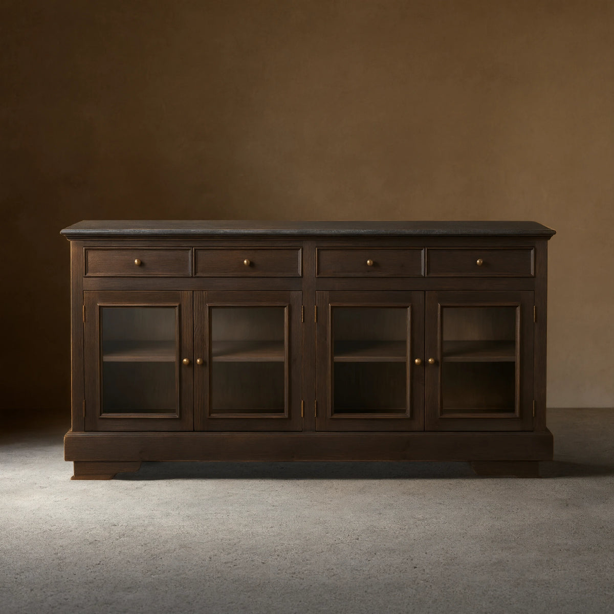 Kensington Marble Top Sideboard Wood Buffet Storage Entryways Side Cabinet With Glass Doors