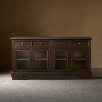 Kensington Marble Top Sideboard Wood Buffet Storage Entryways Side Cabinet With Glass Doors