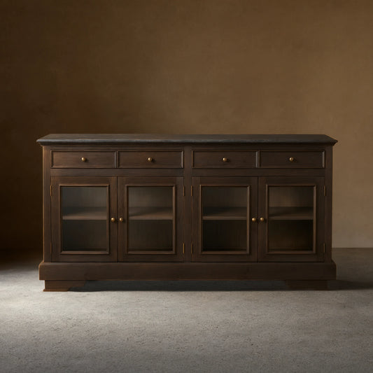 Kensington Marble Top Sideboard Wood Buffet Storage Entryways Side Cabinet With Glass Doors