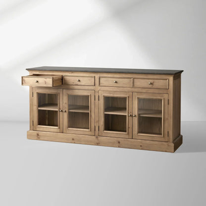 Kensington Marble Top Sideboard Wood Buffet Storage Entryways Side Cabinet With Glass Doors