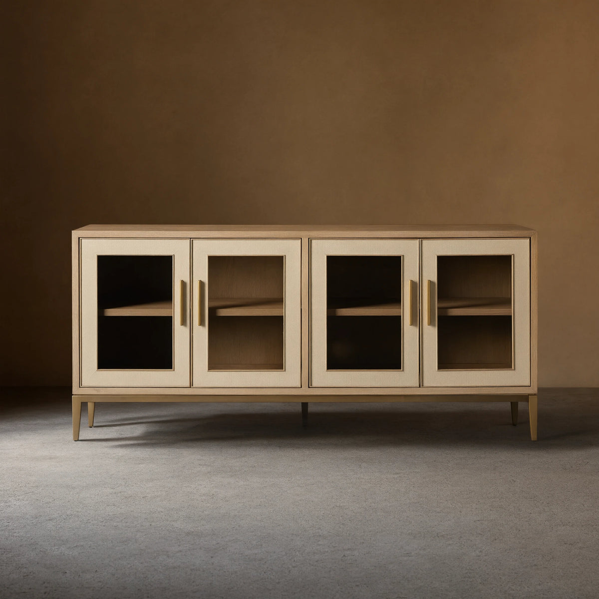 Malone leather Panels Sideboard Glass Doors Buffet Table Oak Wood Living Room Entryways Cabinet