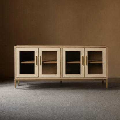 Malone leather Panels Sideboard Glass Doors Buffet Table Oak Wood Living Room Entryways Cabinet