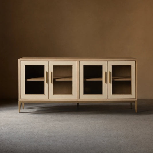 Malone leather Panels Sideboard Glass Doors Buffet Table Oak Wood Living Room Entryways Cabinet