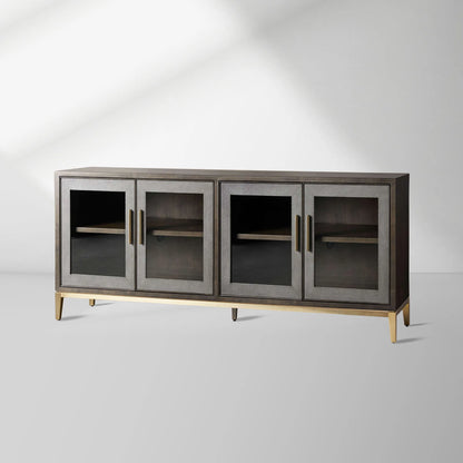 Malone leather Panels Sideboard Glass Doors Buffet Table Oak Wood Living Room Entryways Cabinet