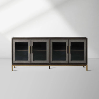 Malone leather Panels Sideboard Glass Doors Buffet Table Oak Wood Living Room Entryways Cabinet