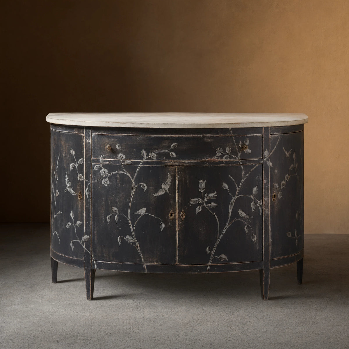 Sofia Bell'Arte Demilune Buffet Cabinet Bird Motif Sideboard Wood Living Room Entryways Cabinet