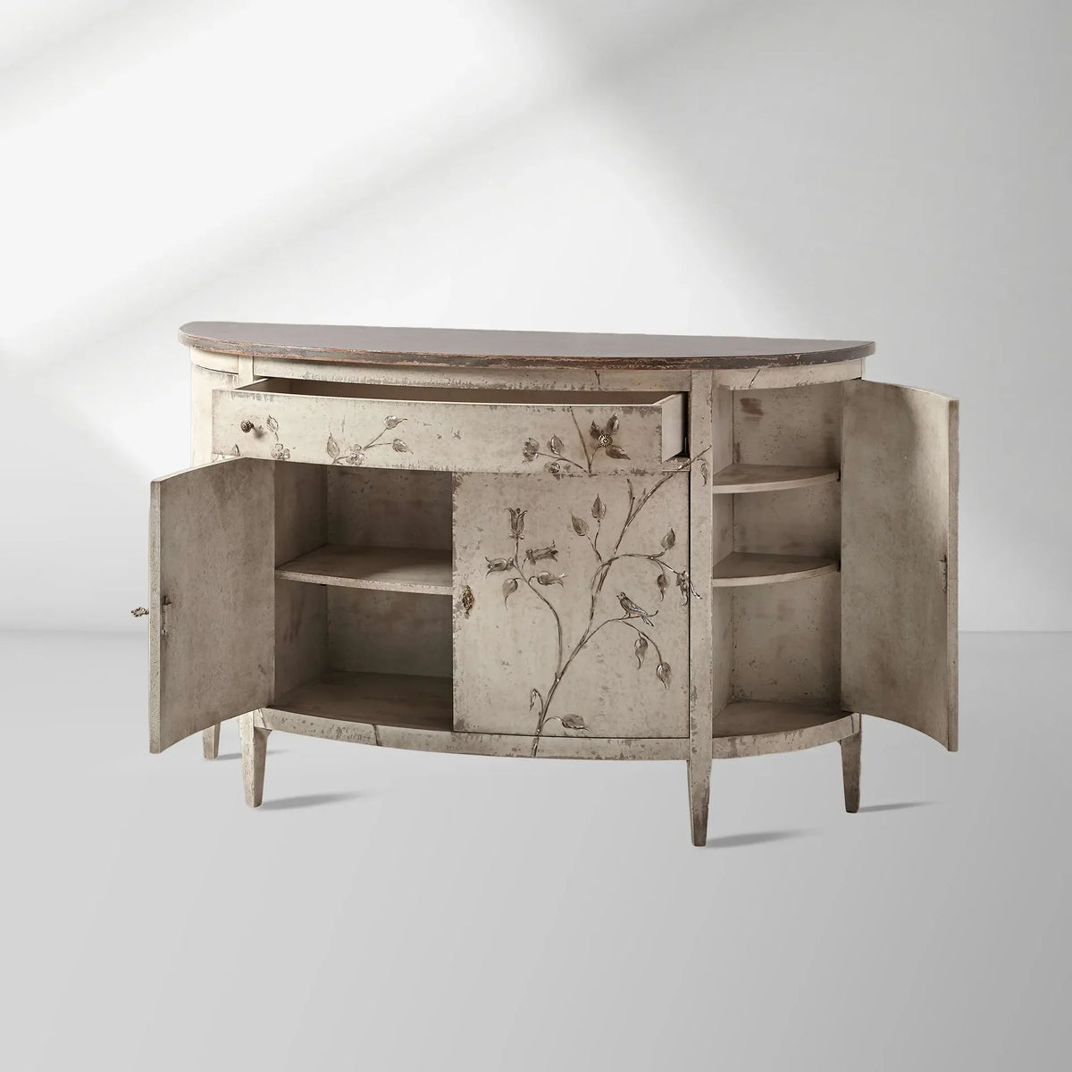 Sofia Bell'Arte Demilune Buffet Cabinet Bird Motif Sideboard Wood Living Room Entryways Cabinet