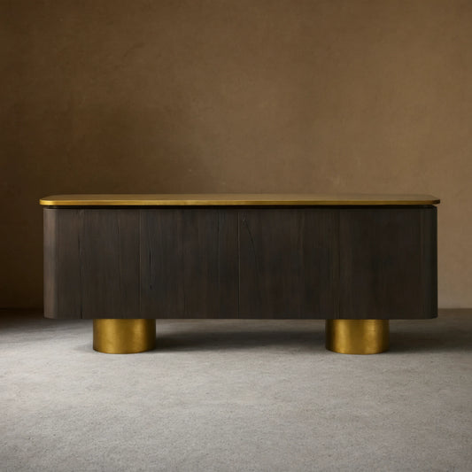 Neira Charred Walnut Sideboard with Aged Brass Legs Buffet Table Mid-Century Modern Living Room Entryways Cabinet